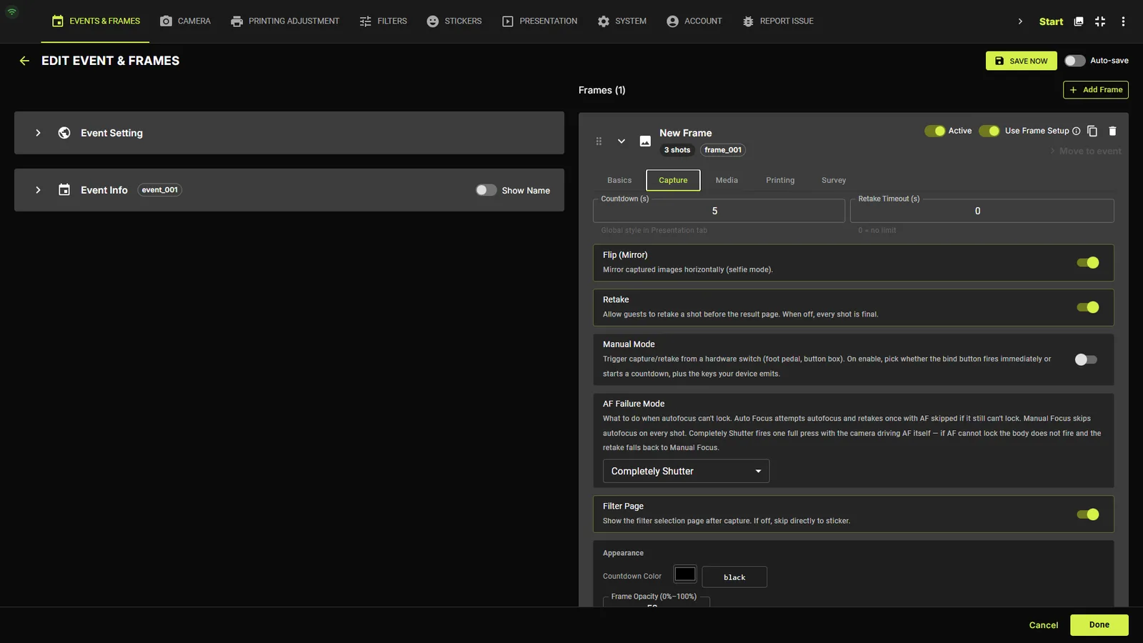 Capture tab top controls