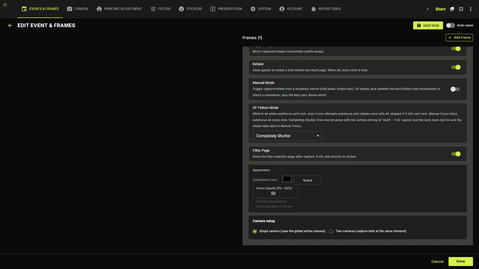 Capture tab appearance and camera setup