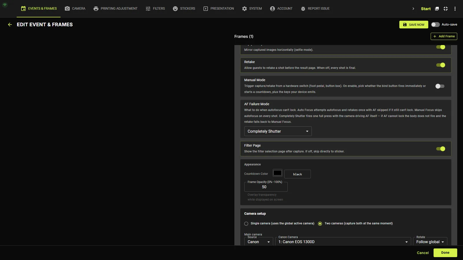 Dual camera setup in Capture tab