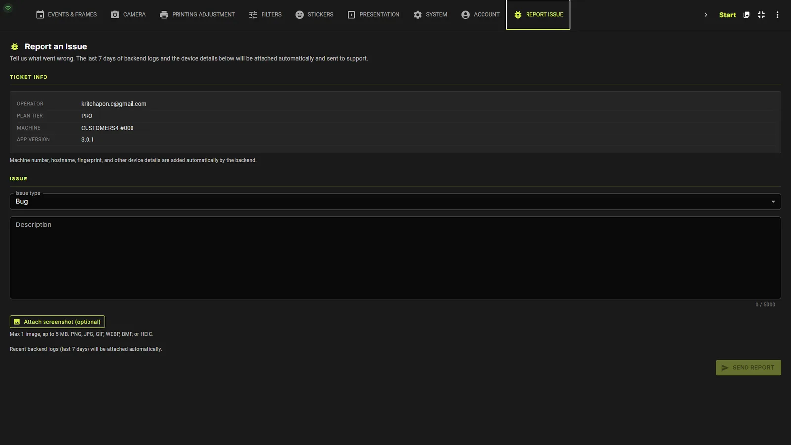 Report Issue tab