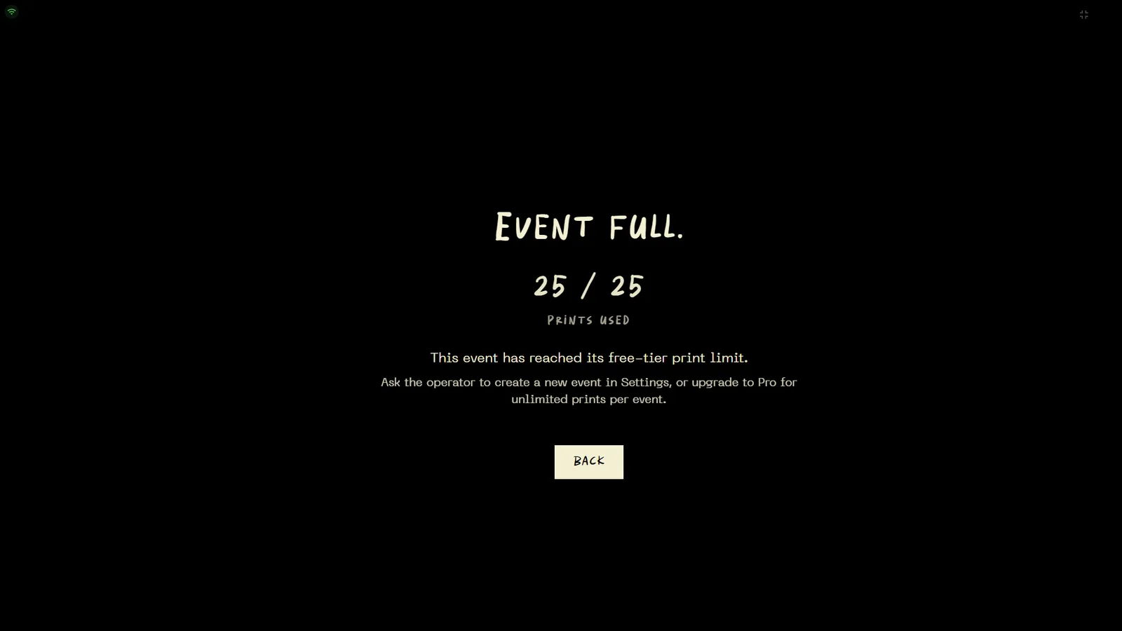 Event Full quota screen