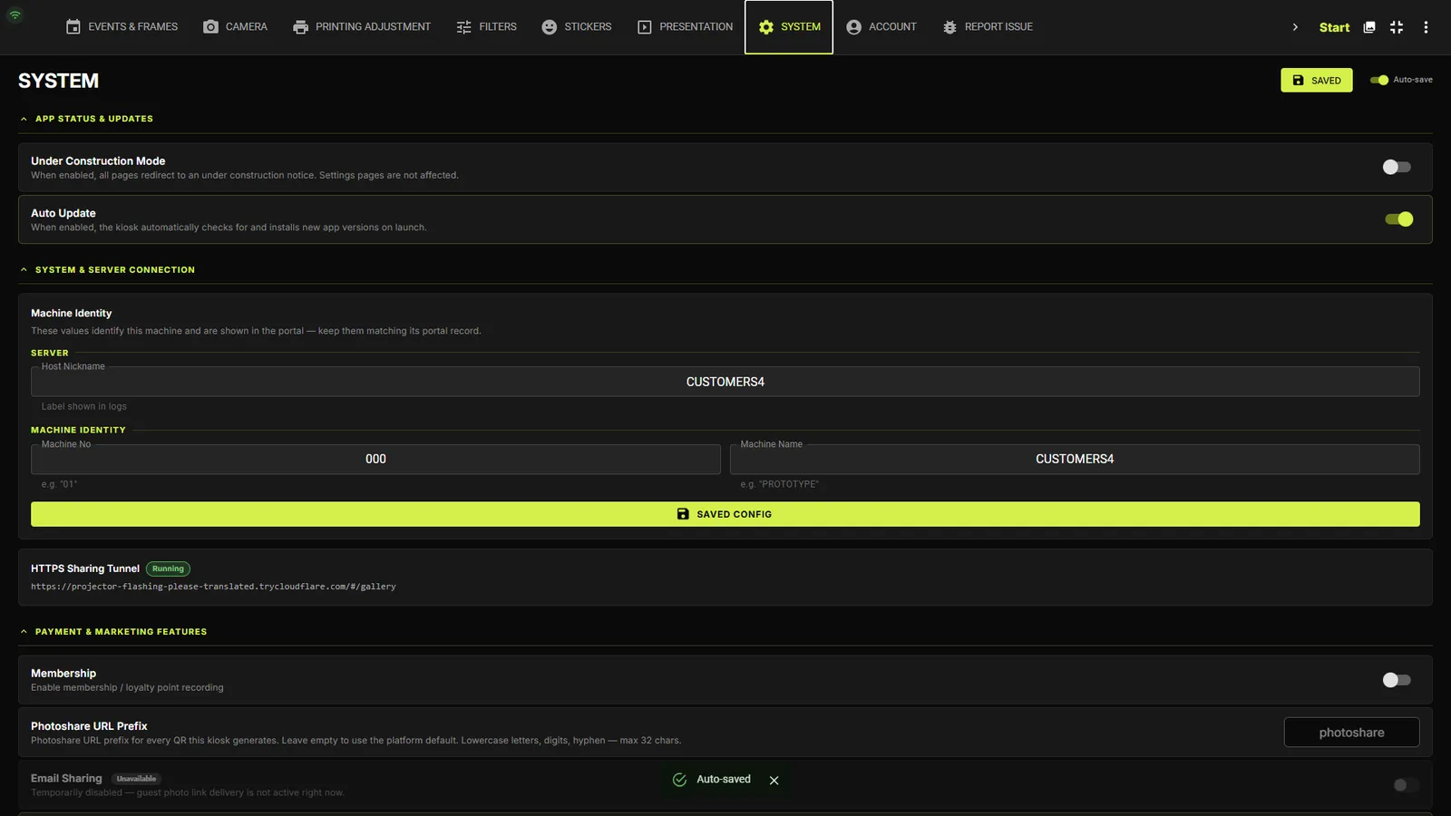 Machine identity fields and HTTPS Sharing Tunnel status